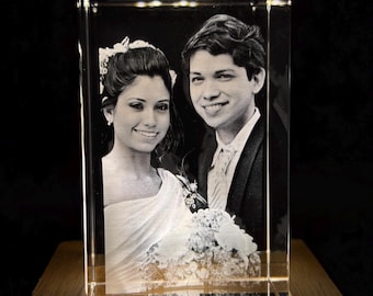 Cristal personalizado de 8 quilates para fotos de boda con base de luz LED / Retrato de boda en cristal 3D, regalos fotográficos para recién casados, regalo de primer aniversario