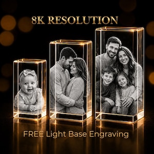 May include: Three rectangular crystal blocks featuring 3D laser-engraved black and white photographs. The left block shows a baby, the center a couple, and the right a family of four. Text reads 8K RESOLUTION and FREE Light Base Engraving.