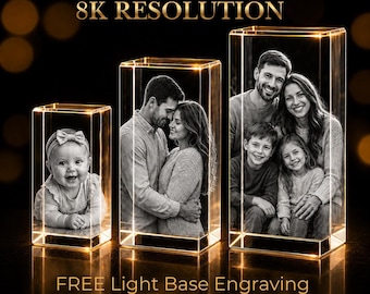 Cristal fotográfico personalizado de 8 quilates + base de luz LED / Bloque de recuerdo fotográfico 3D, regalo de bloque para retrato de cumpleaños de mascotas, bebés y familia, para novia