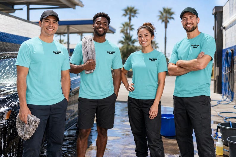 May include: Four individuals wearing matching light blue t-shirts with the text Your Logo Here printed on the chest, paired with dark trousers or shorts and baseball caps, standing in a car wash setting with cleaning supplies and a soapy vehicle.