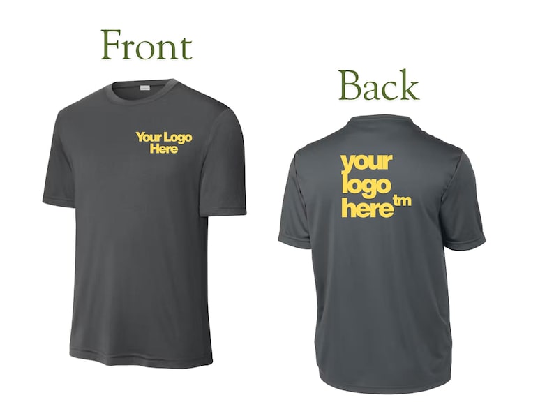 May include: A dark gray short-sleeve t-shirt shown from the front and back. The front features the yellow text "Your Logo Here" on the left chest. The back displays the larger yellow text "your logo here&trade;" centered across the upper back area.
