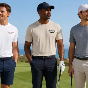 May include: Three short-sleeved crew neck t-shirts in white, beige, and heather gray, each featuring the text Your Logo Here on the chest. The shirts are paired with dark blue shorts, dark blue trousers, and beige trousers, along with golf caps.