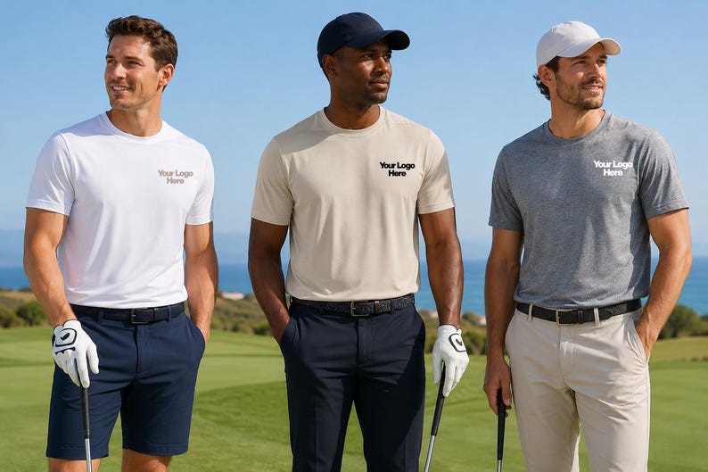 May include: Three short-sleeved crew neck t-shirts in white, beige, and heather gray, each featuring the text Your Logo Here on the chest. The shirts are paired with dark blue shorts, dark blue trousers, and beige trousers, along with golf caps.