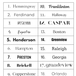 May include: A black and white chart titled Fonts, displaying a numbered list of 18 distinct typography styles. The list includes names such as Hemmingway, Ferdinand, Rosalynn, Augustine, Henderson, Hampton, Preston, Brickell, Copperstone, Franklinton, Halloway, Caspar, Boston, Greenview, Raleigh, Georgia, Grandeview, and Orlando. The text at the bottom reads, Message us for additional fonts.