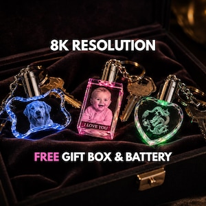Custom 8K Crystal Photo Glass Keychain + Battery | 3D Light-Up Picture Keepsake, Pet Baby Family Girlfriend Birthday Portrait, Block Gift