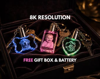 Llavero personalizado de cristal 8K con foto + batería / Recuerdo fotográfico 3D con luz, retrato de cumpleaños de mascota, bebé, familia, novia, regalo de bloque