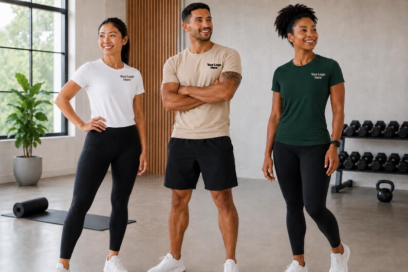 May include: Three short-sleeved crew neck t-shirts in white, beige, and dark green, each featuring the text Your Logo Here on the left chest. The shirts are paired with black athletic leggings and black athletic shorts, creating a coordinated set.