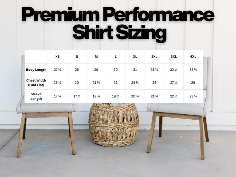 May include: A sizing chart titled Premium Performance Shirt Sizing, displaying measurements in inches for sizes XS through 4XL. The table lists body length, chest width laid flat, and sleeve length for each size, presented in a clear grid format.