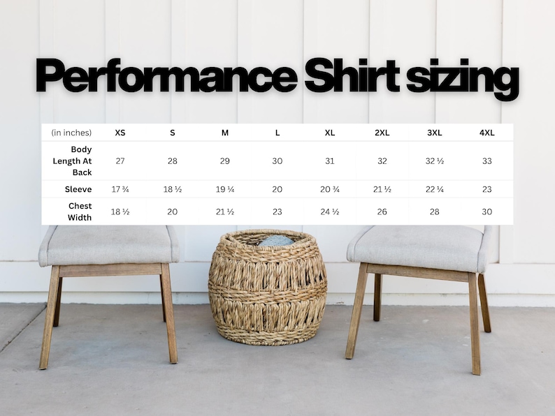 May include: A sizing chart titled Performance Shirt sizing displays measurements in inches for sizes XS through 4XL. The table lists body length at back, sleeve length, and chest width for each size, presented against a white background.