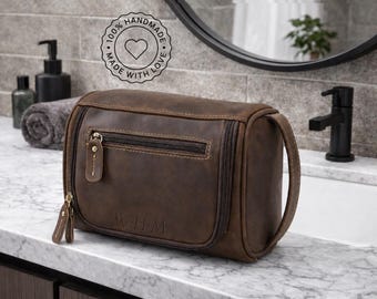 Neceser de cuero genuino personalizado para hombre / Estuche de viaje XL hecho a mano y organizador, neceser para el Día del Padre, padrinos de boda, regalo para el esposo