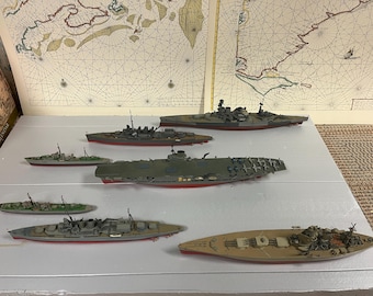WW2 British fleet chasing and sinking the Bismarck - seven 1/600 scale model ships. Ark Royal, Repulse, Rodney, Norfolk, Dorsetshire