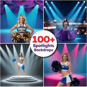 Puede incluir: Imagen compuesta con cuatro escenas diferentes con mujeres con atuendos de actuación. La imagen central muestra el texto "100+ Spotlights Backdrops". Las escenas incluyen animadoras con pompones y una bailarina con un disfraz púrpura, todo bajo iluminación escénica.