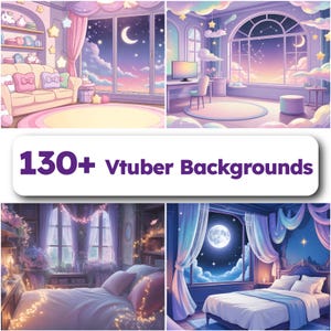 Könnte beinhalten: Digitalkunst mit vier Hintergründen im Anime-Stil. Die Szenen umfassen ein Wohnzimmer mit Mondblick, einen Arbeitsbereich mit Sternenhimmel und zwei Schlafzimmer mit mondbeschienenen Fenstern. Der Text lautet "130+ Vtuber Backgrounds."