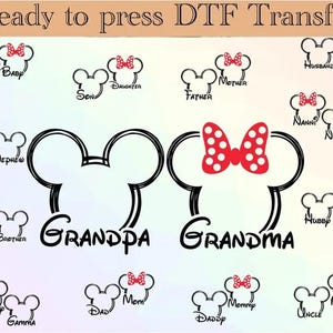 May include: A collection of Ready to press DTF Transfer designs featuring black outlines of mouse-shaped heads. Some heads include red polka-dot bows. Text labels include Grandpa, Grandma, Baby, Son, Daughter, Father, Mother, Husband, Wife, Nanni, Nana, Niece, Nephew, Sister, Brother, Hubby, Wifey, Gammy, Gamma, Dad, Mom, Mommy, Daddy, Uncle, and Auntie.