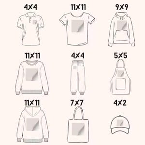 May include: Line drawings of clothing items: polo shirt, t-shirt, hoodie, sweatshirt, sweatpants, apron, tote bag, and baseball cap. Each has a blank square for design placement, with dimensions in cm.