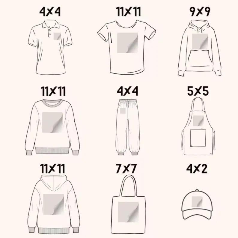 May include: Line drawings of clothing items: polo shirt, t-shirt, hoodie, sweatshirt, sweatpants, apron, tote bag, and baseball cap. Each has a blank square for design placement, with dimensions in cm.