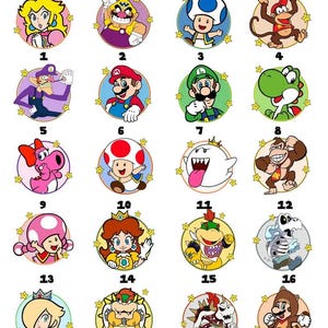 May include: A sheet of ready-to-press DTF transfers featuring 20 colorful cartoon character designs. Each character is set within a circular frame with a star border. The characters include Mario, Luigi, and other popular figures.