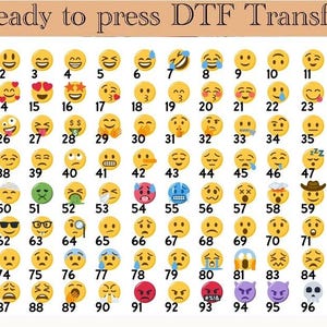 May include: A sheet of DTF (Direct to Film) transfers featuring a variety of emoji faces. Each emoji has a unique expression and is numbered. The text "Ready to press DTF Transfer" is at the top.