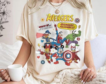 Transferência DTF do Mickey e seus amigos com trajes dos Vingadores, Disney Vingadores, Transferência DTF de super-heróis de quadrinhos, Arte com autógrafos da Disney, Férias em família