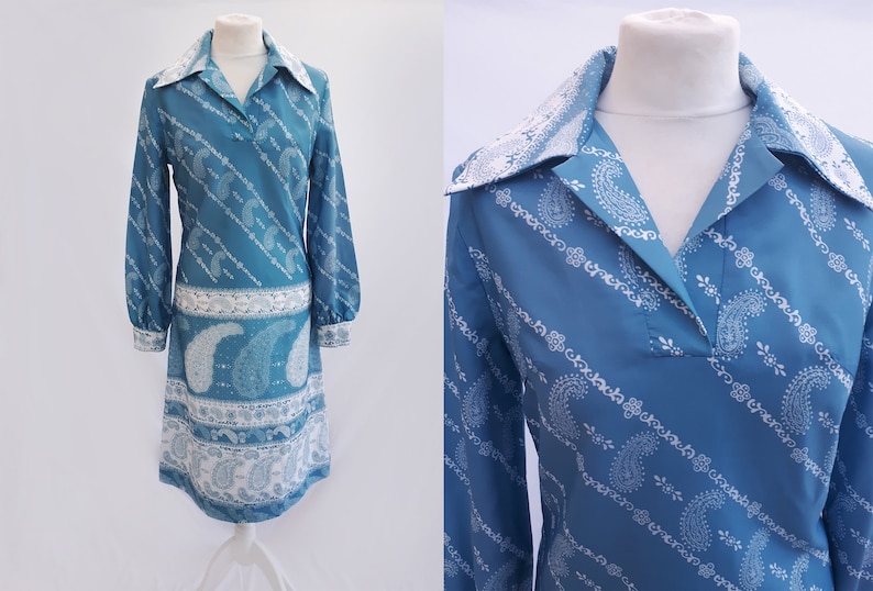 Paisley Blue Dress 1970/'s Vintage By Sid Greene of London.