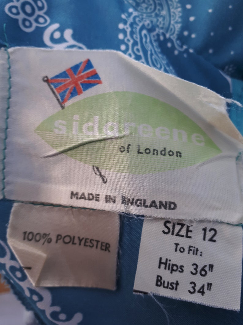 Paisley Blue Dress 1970/'s Vintage By Sid Greene of London.