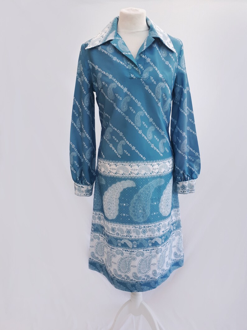 Paisley Blue Dress 1970/'s Vintage By Sid Greene of London.