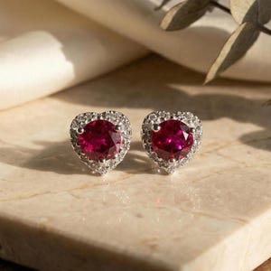 Minimalist Lab Created Ruby Stud Earrings 0.5ct Cushion Cut 925 Sterling Silver July Birthstone Mothers Day Gift for Her