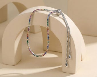 Silver Bracelet for Women and Teen Girls Dainty Silver Slider Bracelet with Stones Simple Silver Tennis Bracelet with Cubic Zirconia Stones