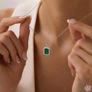 Real 1ct Emerald Necklace Art Deco Silver Pendant, Anniversary Birthday Gifts for Her