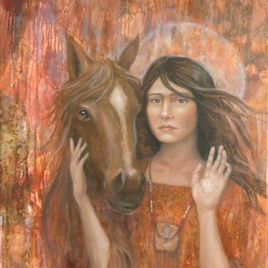 May include: A painting of a woman with long dark hair and a brown horse. The woman is wearing a brown dress with a beaded necklace and a small pouch. The background is a textured orange and brown colour.