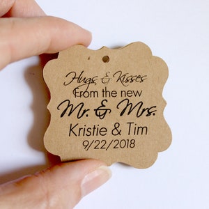 50 Heart Shaped 2 inch Wedding Favor Tags Kraft Brown Initials Name Date Custom Made to Order Personalized Script image 4