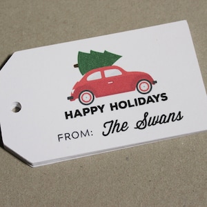 Rétro Christmas Tags - Pour le diy nostalgique minimaliste - Ensemble de 50 tags - Holiday Gift Wrap - Scandi - Arbre sur la voiture ou le camion Design - Blanc