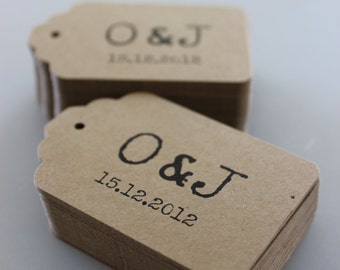 Wedding Favor Tags Rustic Boho Chic Modern Initials and Date - 100 Large Ornate Rectangle Kraft Labels