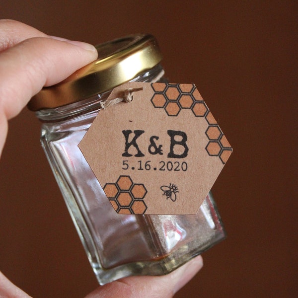 Lot de 50 étiquettes de faveur pour pot de miel hexagonales nid d'abeille en papier kraft brun, personnalisation incluse