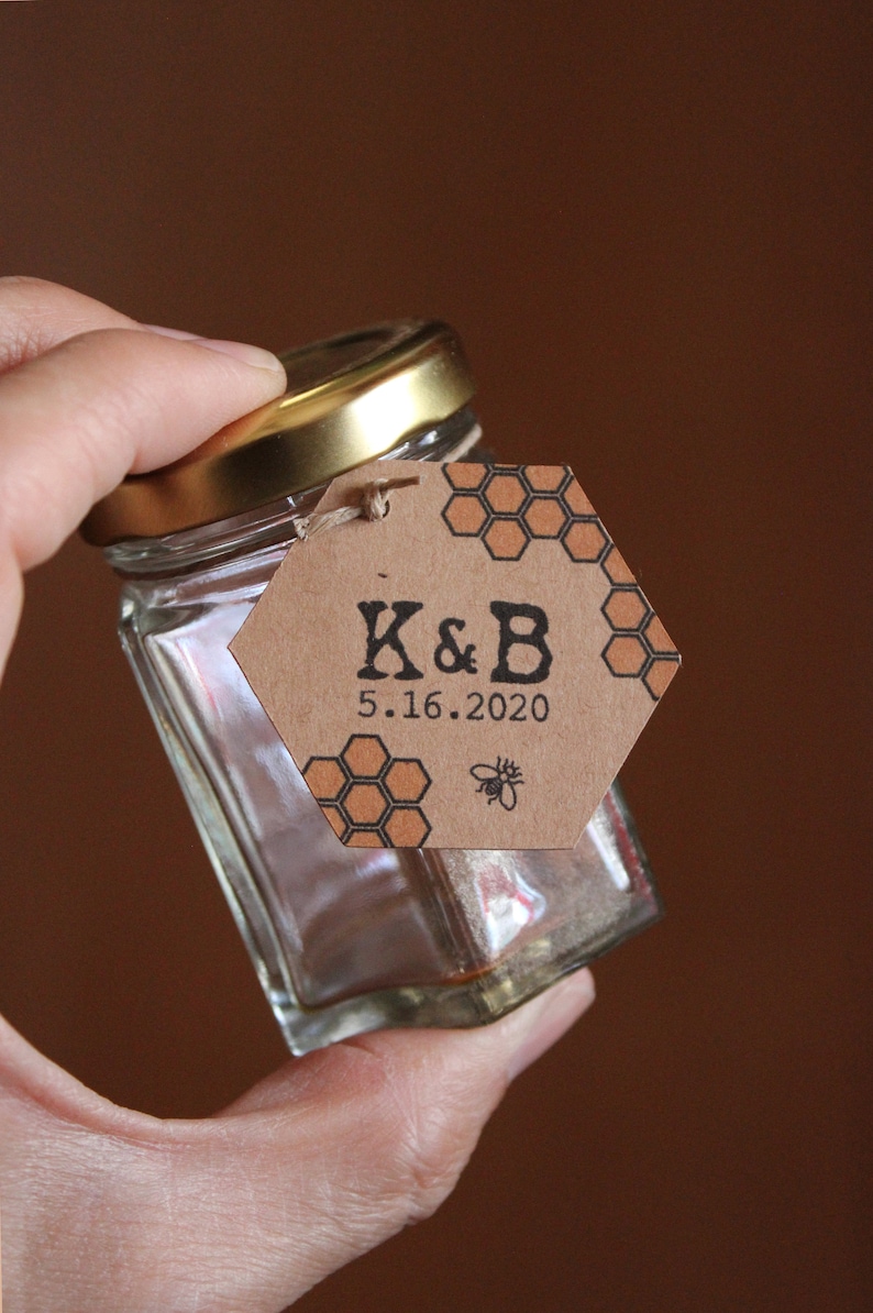Honey Jar Favor Labels Honeycomb Hexagon Kraft Brown Paper Tags Set of 50 Custom Personalization Included image 1