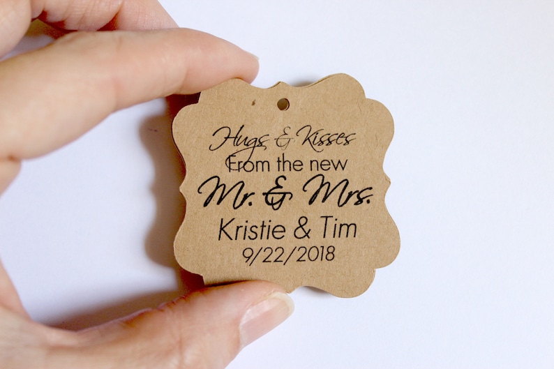 50 Heart Shaped 2 inch Wedding Favor Tags Kraft Brown Initials Name Date Custom Made to Order Personalized Script image 4