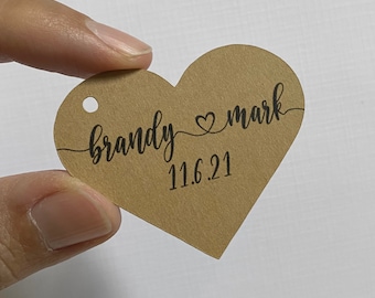 50 Heart Shaped 2 inch Wedding Favor Tags Kraft Brown Initials Name Date - Custom Made to Order - Personalized Script