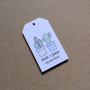 Wedding Stamp Type Succulent Tags Small White Rectangle Labels Custom Printing with Cactus Pair Names & Date 50 Tags image 2
