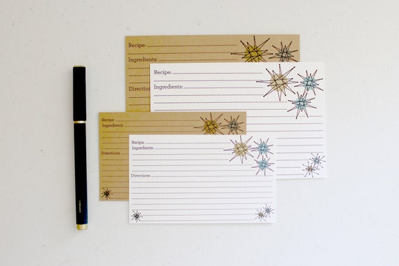 Vintage Recipe Cards Hostess Gift Franciscan Starburst Inspired Atomic Stars Design Kraft Brown or White Linen 3 x 5 or 4 x 6 Inch Set of 50 Il_570xn