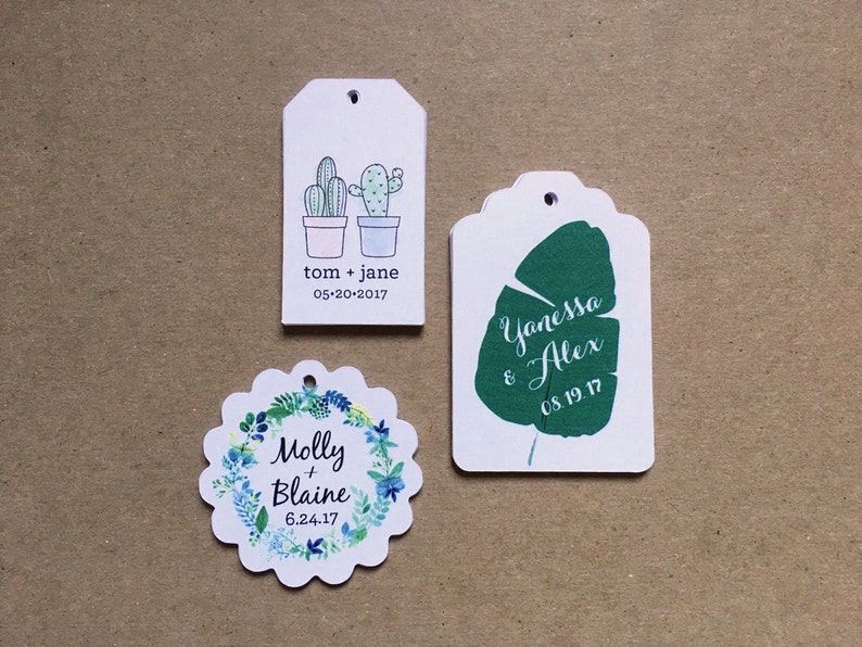 Wedding Stamp Type Succulent Tags Small White Rectangle Labels Custom Printing with Cactus Pair Names & Date 50 Tags image 3