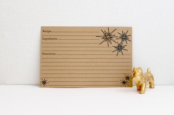 Recipe Cards Vintage Style Folded Franciscan Starburst Atomic Design Kraft Brown or White for the Modern Cook 3 x 5 or 4 x 6 - Set of 10 Il_570xn