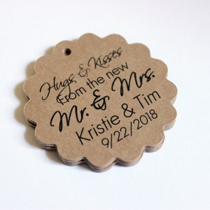 50 Heart Shaped 2 inch Wedding Favor Tags Kraft Brown Initials Name Date Custom Made to Order Personalized Script image 3