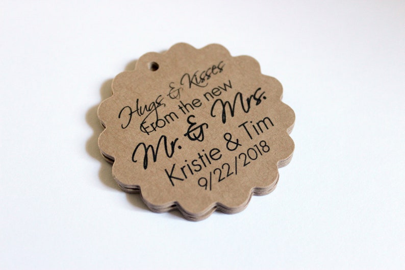 50 Heart Shaped 2 inch Wedding Favor Tags Kraft Brown Initials Name Date Custom Made to Order Personalized Script image 3