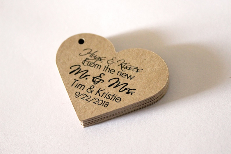 50 Heart Shaped 2 inch Wedding Favor Tags Kraft Brown Initials Name Date Custom Made to Order Personalized Script image 2