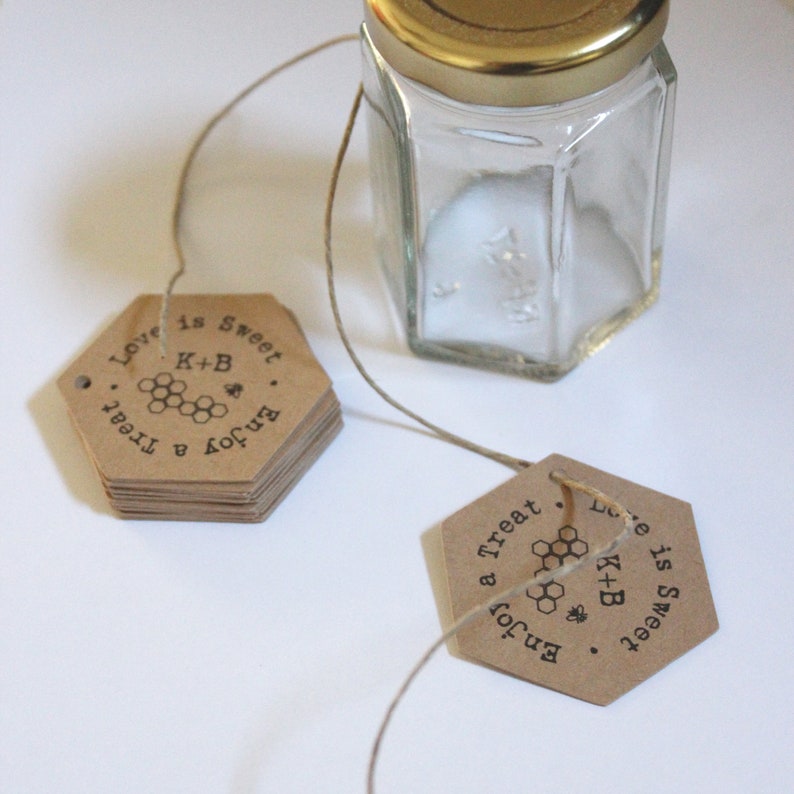 Honey Jar Favor Labels Honeycomb Hexagon Kraft Brown Paper Tags Set of 50 Custom Personalization Included image 2