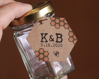 Hexagon Wedding Favor Tags for Honey Jars or Honey Dippers Guest Gift Thank You Personalized with Your Initials Date Set of 125