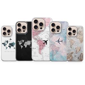May include: Five phone cases with world map designs. The cases feature a variety of colors, including white, black, pink, and blue. Each case has a different map design, with airplane graphics. The cases are designed to fit a phone.