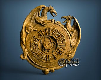 Drachen Uhr, 3D-STL Modell, CNC-Fräser, Artcam, Aspire, CNC-Dateien, Holz, Kunst, Wanddekor, Cnc