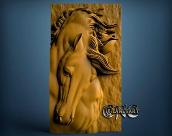 May include: A detailed, three-dimensional relief carving of two horses' heads, rendered in a warm, golden-brown hue. The artwork showcases the horses' flowing manes and muscular forms, with the "PLANETART CNC" logo in the lower right corner.