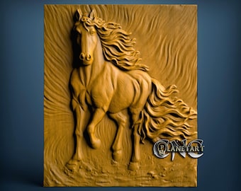 May include: A detailed, three-dimensional wooden carving of a horse in a dynamic pose. The horse has flowing mane and tail, with intricate details in the wood grain. The carving is set against a textured background, with the text "PLANETART" in the lower right corner.